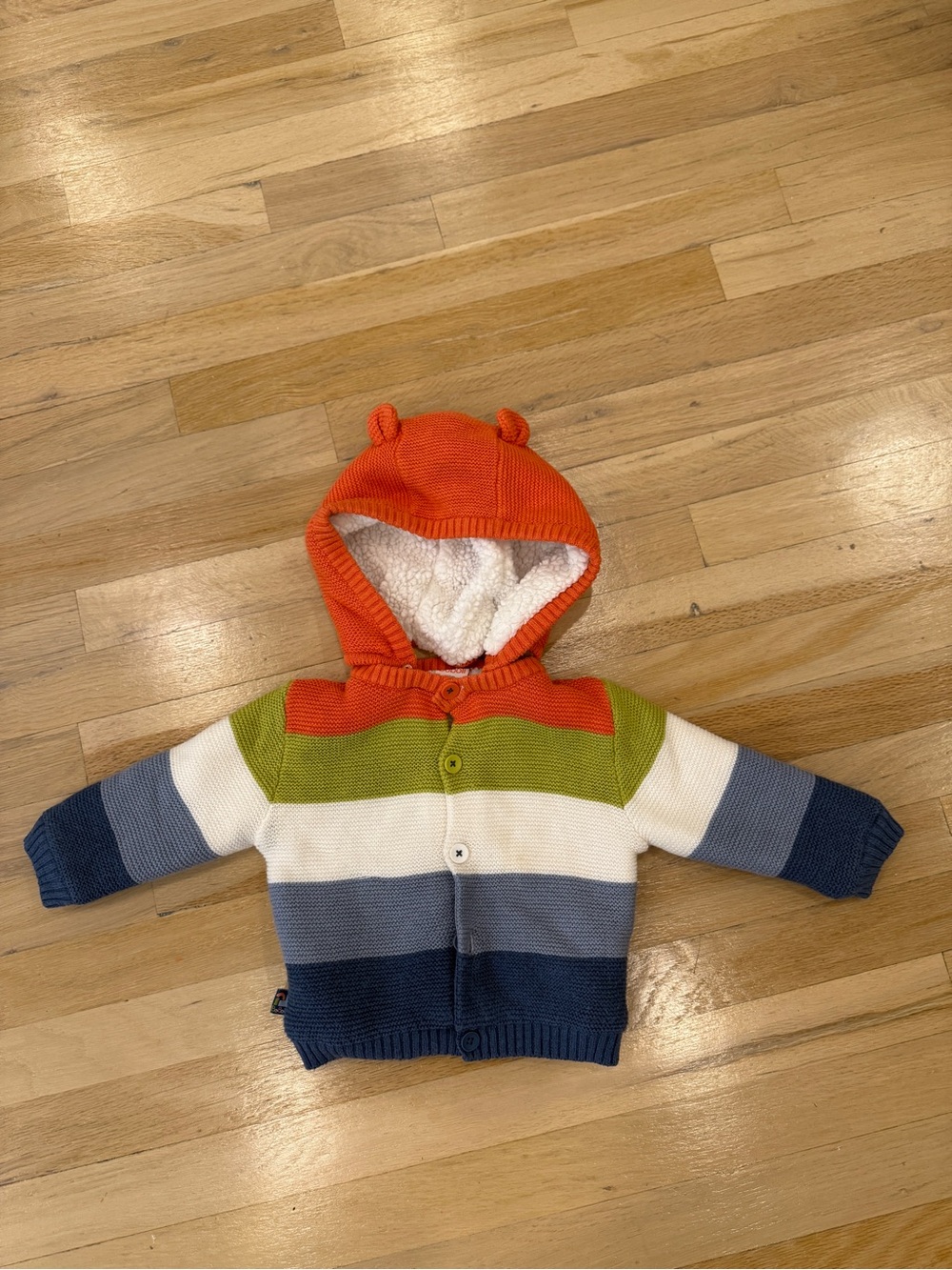 Striped Hooded Baby Cardigan in Orange, Green, White, Blue